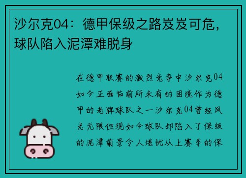 沙尔克04：德甲保级之路岌岌可危，球队陷入泥潭难脱身